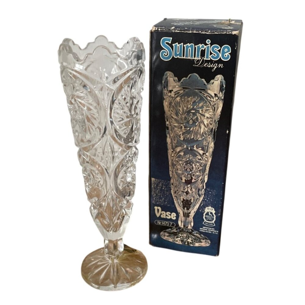 Anna Hutte Sunrise Pattern Genuine 24% Lead Crystal Vase Germany w Box 8 inch